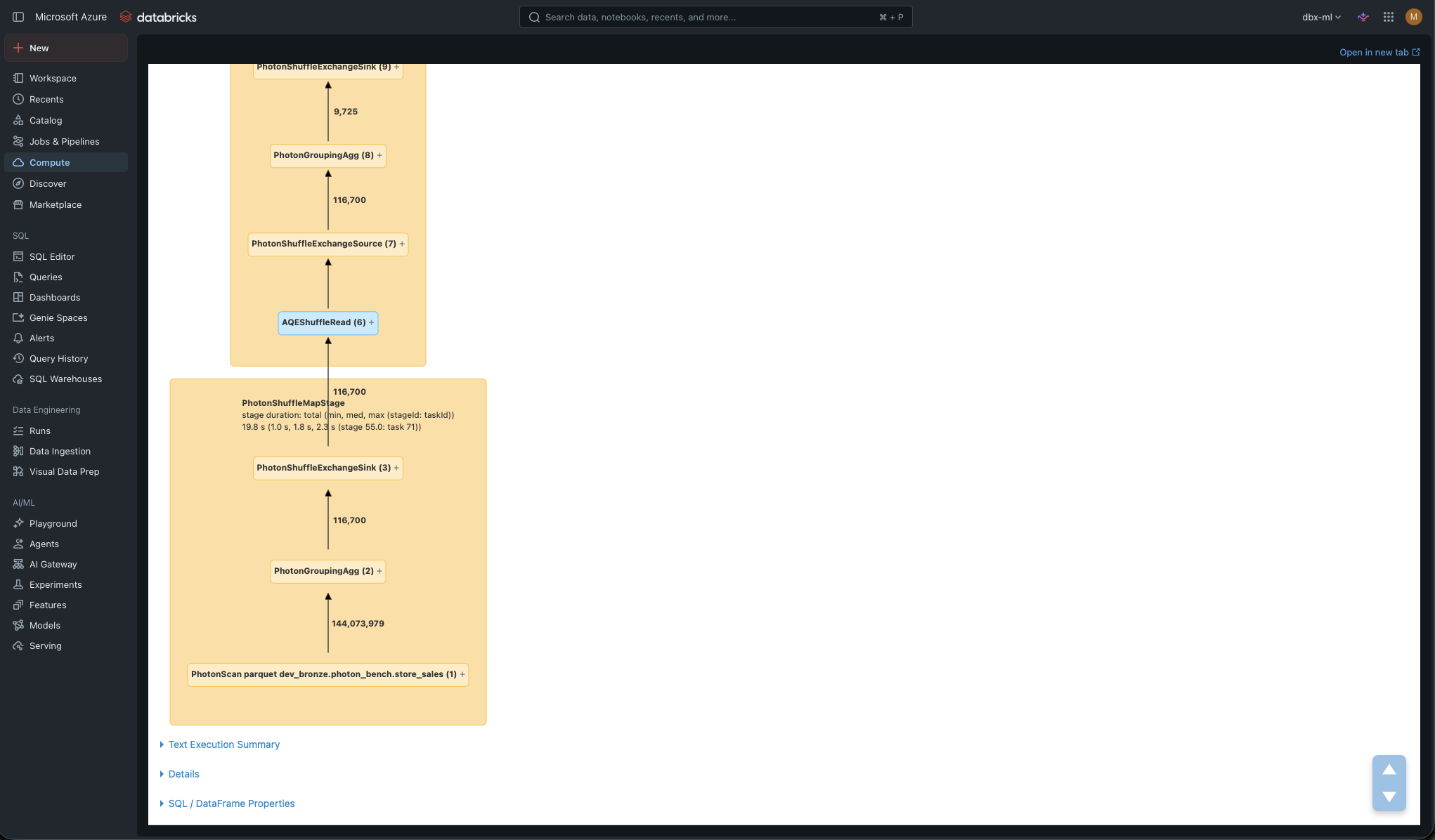 PHOTON. There’s no Filter node: the filter is embedded in the PhotonScan, which already delivers the 144,073,979 filtered rows. The PhotonGroupingAgg reduces them to 116,700 groups (500 stores × ~233 days) before the shuffle — the bare minimum travels over the network.