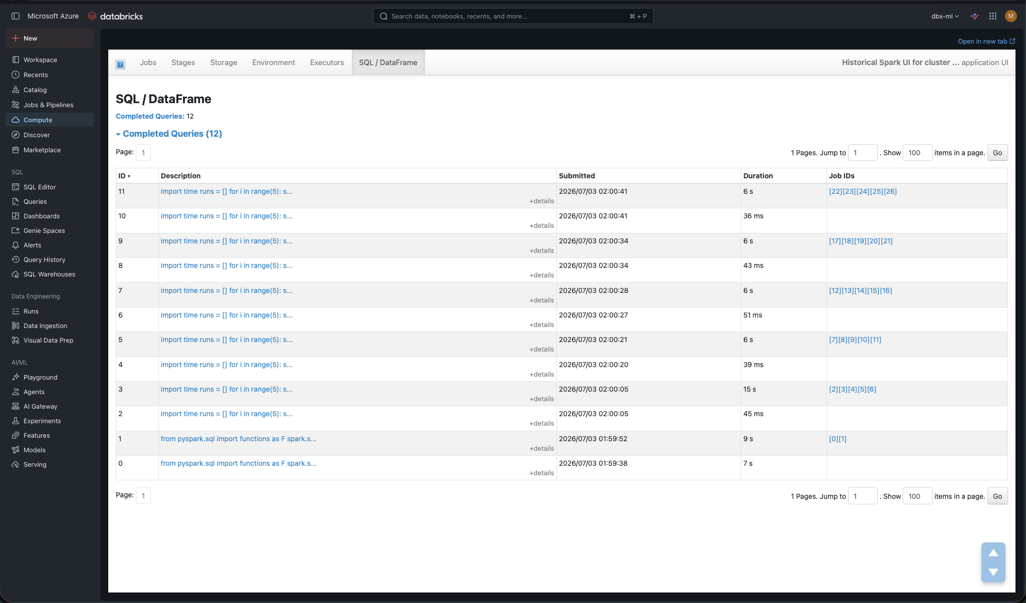 The front door. The SQL/DataFrame tab of the benchmark cluster: each execution shows up as a row with its duration — that’s where you can tell the 5 runs of ~6 s of the heavy query apart from the millisecond auxiliary queries (the CLEAR CACHE, the count). Click any of them and the DAG opens with its metrics.