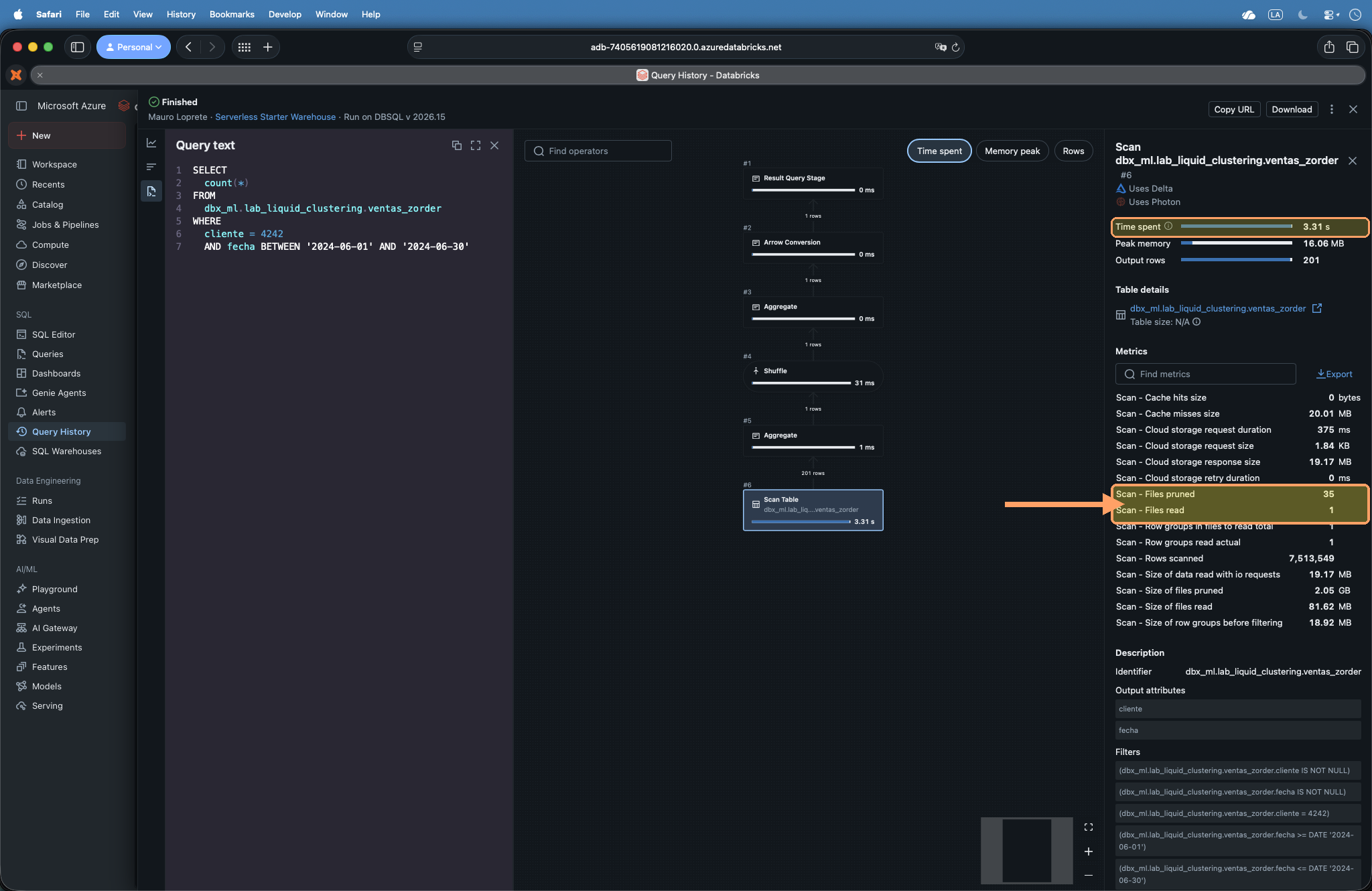 Z-ORDER: 1 file read, 35 skipped. The scan drops to 3.31 s.